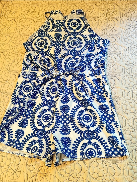SHEIN Pants - SHEIN White and Blue Printed Halter Romper